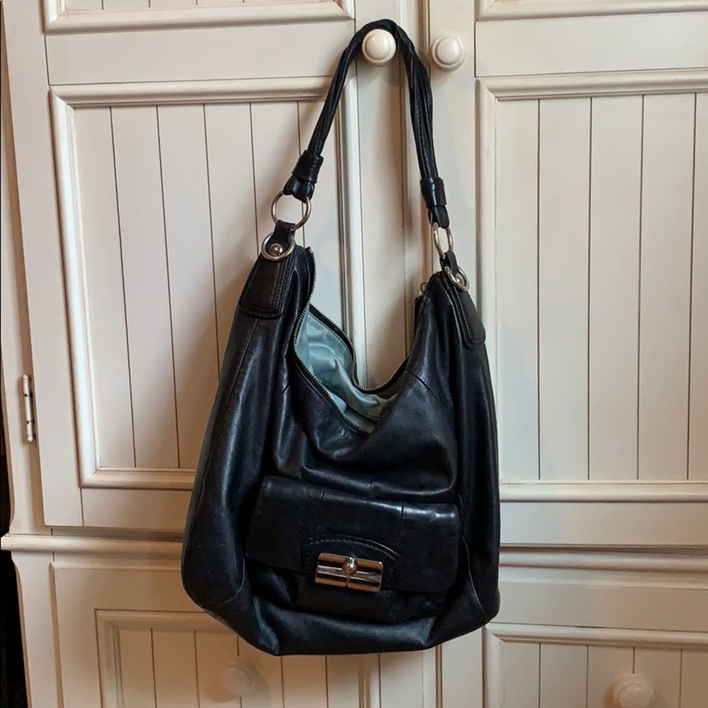 Auth Black Coach bag- front pocket silver accents